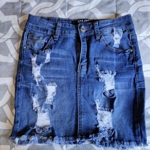 Wax Jean Ripped Denim Mini Skirt